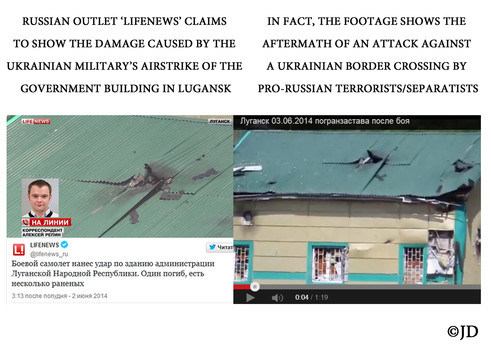 Rekaman kerusakan stasiun lintas perbatasan di Ukraina oleh teroris/separatis pro-Rusia mengaku-aku memperlihatkan gedung pemerintah di Lugansk, diduga rusak oleh serangan udara pemerintah Ukraina.