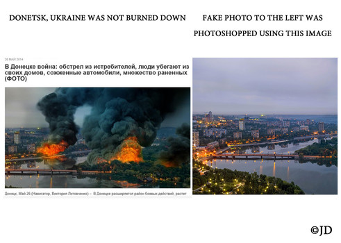 Foto hasil suntingan Photoshop, mengklaim Donetsk dibakar habis oleh militer Ukraina.